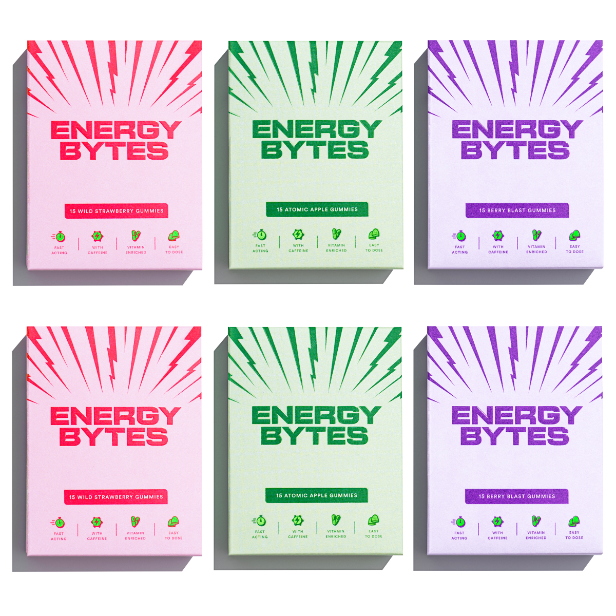 Six packs of Energy Bytes gummies in Wild Strawberry, Atomic Apple, and Berry Blast flavours with vibrant colour bursts, showcasing the variety of fast-acting, caffeine-infused, vitamin-enriched gummies.