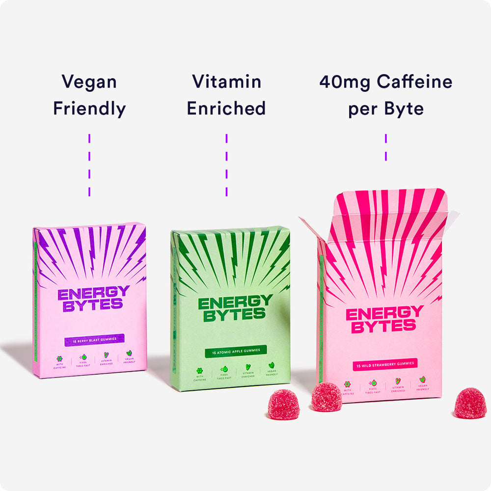 Infographic of Energy Bytes showcasing four USPs: 40mg caffeine per gummy byte, vitamin enriched, natural flavor, and vegan friendly. Discover our energizing gummies, packed with caffeine, essential vitamins, delicious natural flavours, and suitable for a vegan lifestyle.
